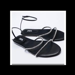 Zara Black strappy flat sandals with rhinestones size 38